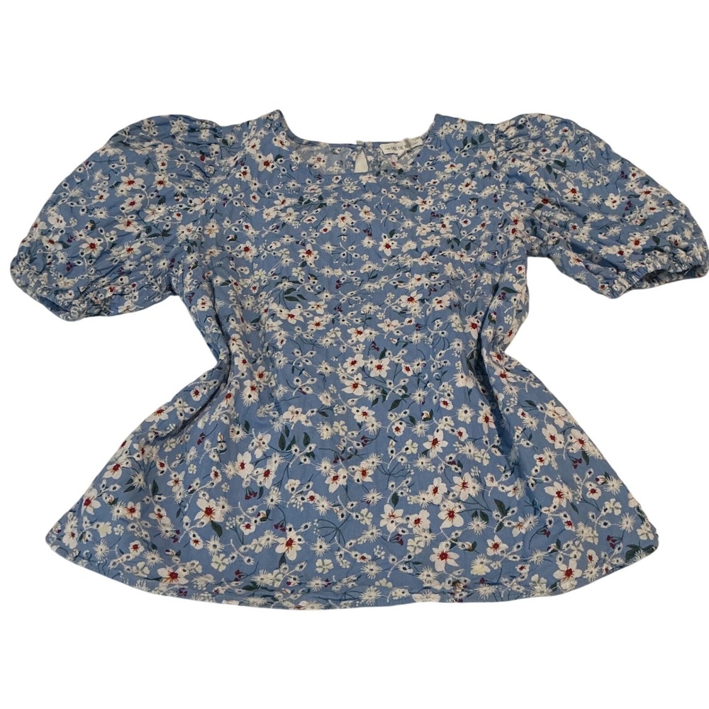 Free The Roses Floral‎ Puff Sleeve Blouse Womens XS Blue Excellent Cotton Top